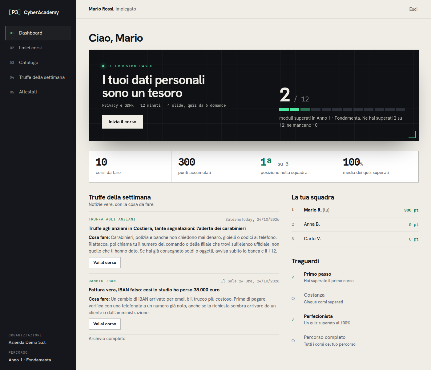 Dashboard del discente: prossimo modulo da seguire, avanzamento del percorso, punti, truffe della settimana e classifica della squadra